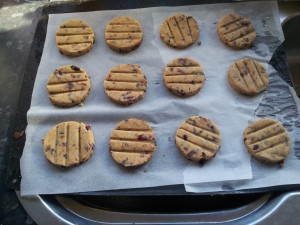 My cranberry dark chocolate shortbread cookies.  I'll post a recipe for these around Christmas.