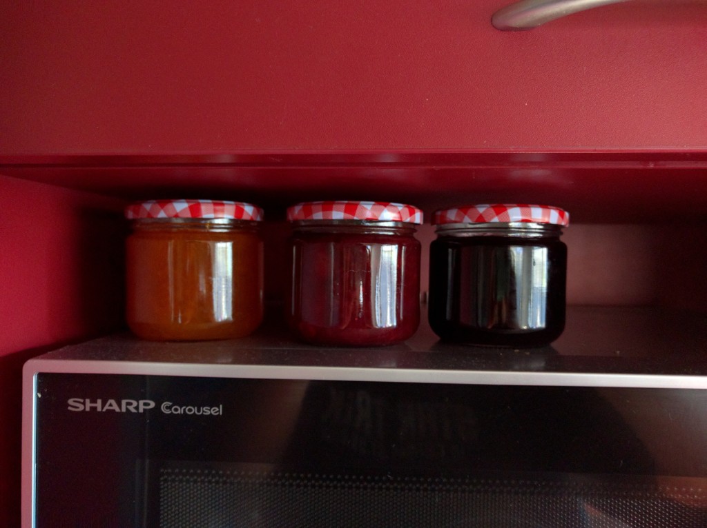 Apricot Jam, Spiced Cherry Chutney, and Cherry Jelly. 